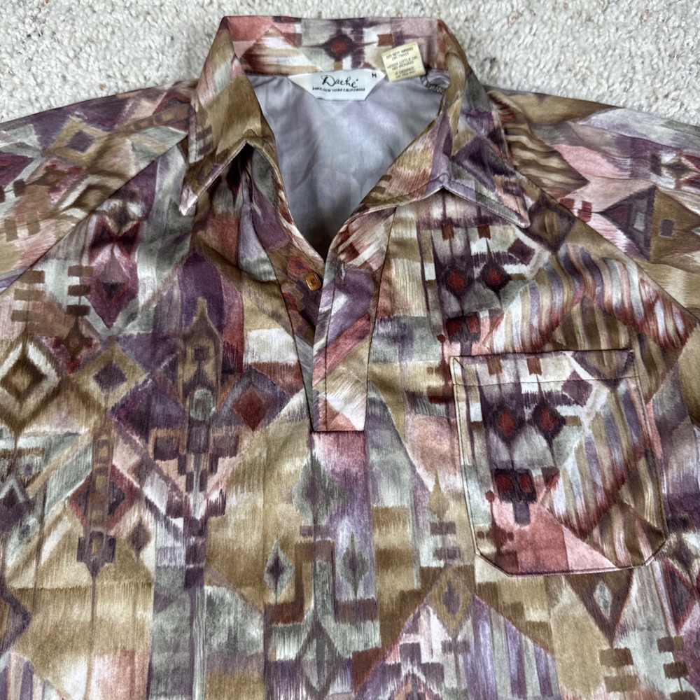 LILLY DACHE Vintage 70s Pullover Dagger Collar Abstract Polo Shirt M Disco MINT